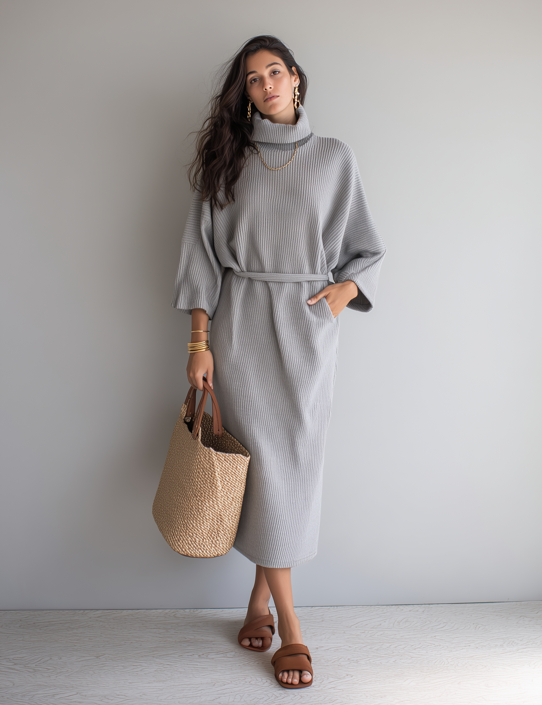Elegant Light Gray Ribbed Turtleneck Sweater Dress