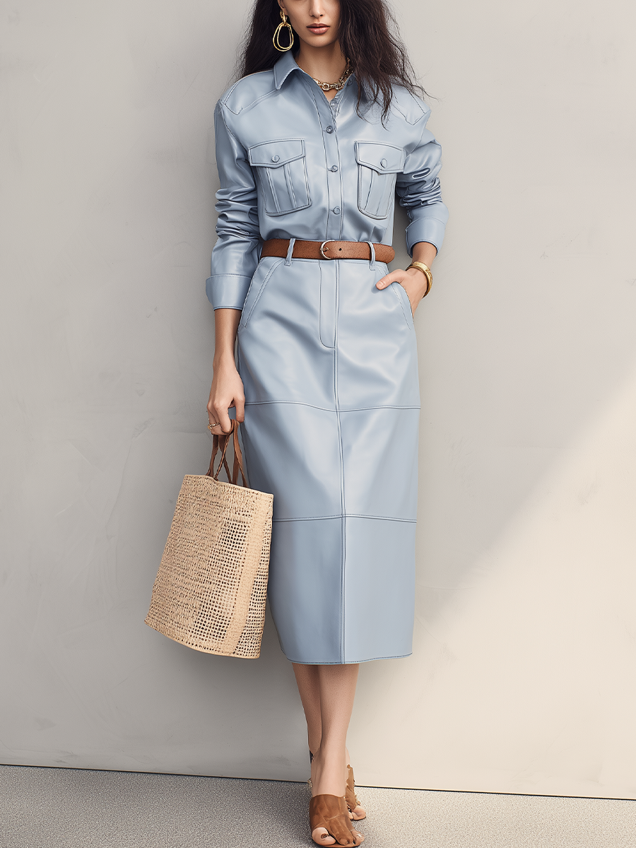 Modern Powder Blue Utility Shirt Midi Dress