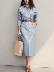 Modern Powder Blue Utility Shirt Midi Dress