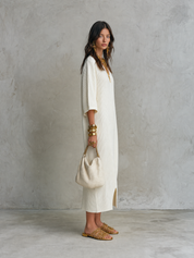Ribbed Knit V-Neck With Batwing Sleeves Midi Dress