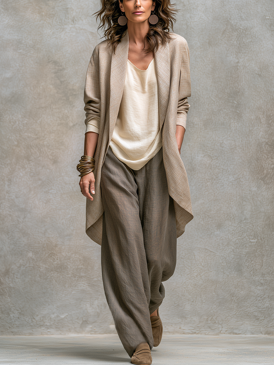 Bohemian Gray Beige Linen Three Piece Suit