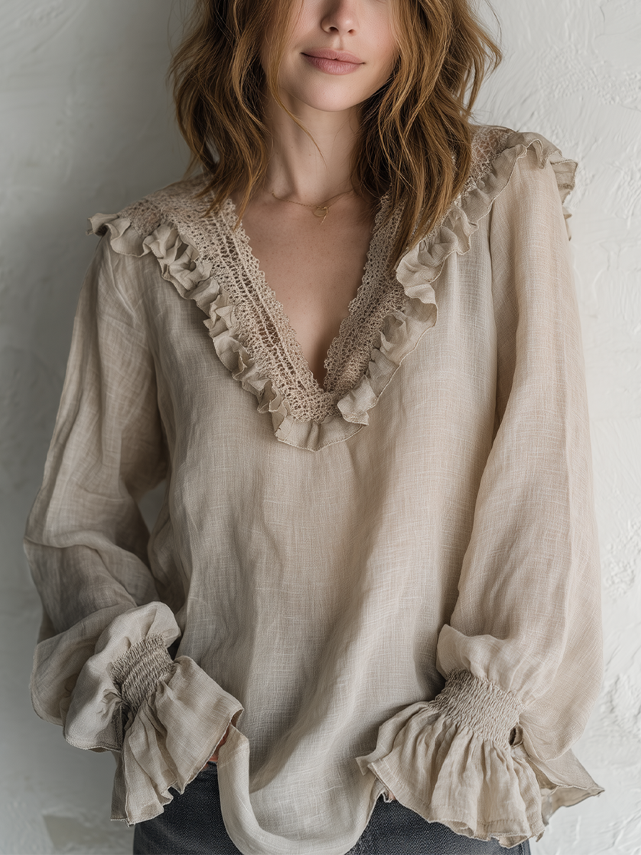 Bohemian Khaki Lace V-neck Shirt