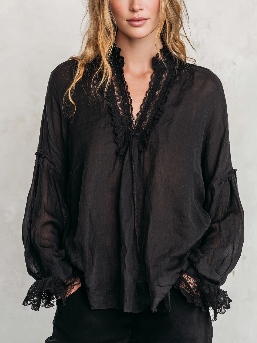 Bohemian Black Lace Tie-front Shirt