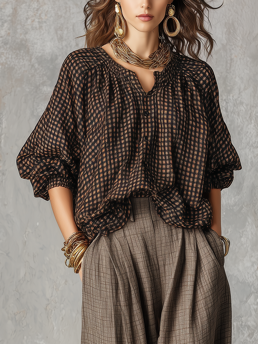 Bohemian Brown Plaid Shirt And Trousers Suit