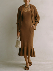 Earthy Boho Knit Cardigan & Mermaid Midi Dress Set