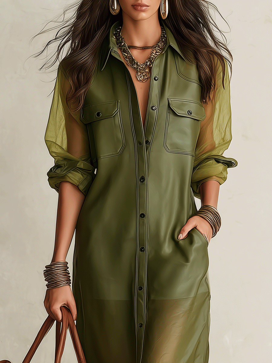 Sheer Olive Long-Sleeve Button-Front Shirt Midi Dress