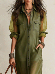 Sheer Olive Long-Sleeve Button-Front Shirt Midi Dress