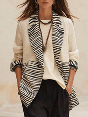 Women's Linen Blend With Zebra Print Contrast Lapel Blazer