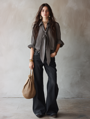 Effortless Chic Chiffon Micro-Check Tie-Front Black & White Blouse