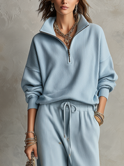 Casual Blue Knit Textured Trousers Set