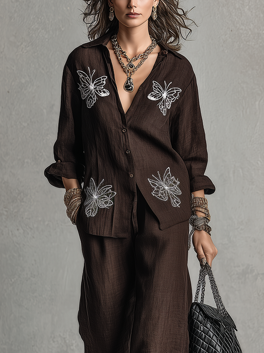 Bohemian Coffee-colored Embroidered Linen Suit