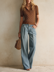 Coastal Chic Short Sleeve Crochet Knit Polo Top