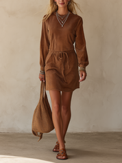 Earthy Boho Corduroy Drawstring Waist Mini Dress