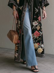 Boho Luxe Belted Velvet Floral Duster Cardigan