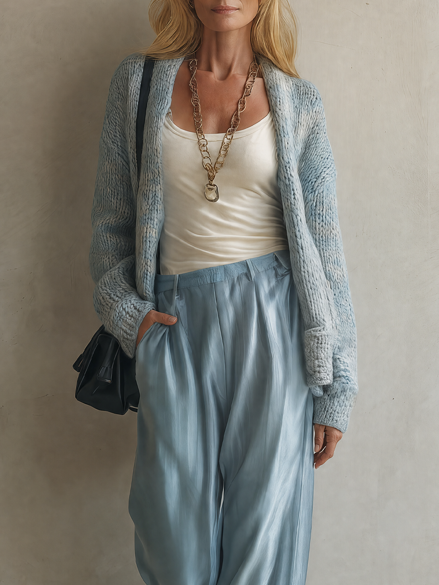 Relaxed Minimal Blue Cardigan & Satin Palazzo Pants Outfit