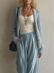 Relaxed Minimal Blue Cardigan & Satin Palazzo Pants Outfit