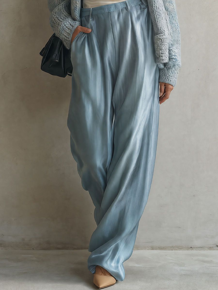 Relaxed Minimal Blue Cardigan & Satin Palazzo Pants Outfit