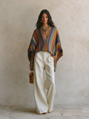 Coastal Boho Hand-Knit Multicolor Batwing Oversized Colorful Knit Top