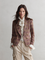 Effortless Chic Textured Tweed Fitted Peaked-Lapel Brown & Pink Plaid Blazer