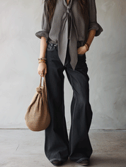 Effortless Chic Chiffon Micro-Check Tie-Front Black & White Blouse