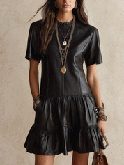 Women's Faux Leather Tiered Ruffle Hem Short Sleeve Mini Dress