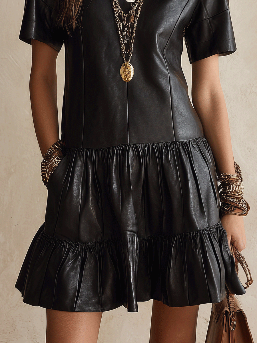 Women's Faux Leather Tiered Ruffle Hem Short Sleeve Mini Dress