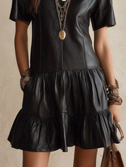 Women's Faux Leather Tiered Ruffle Hem Short Sleeve Mini Dress