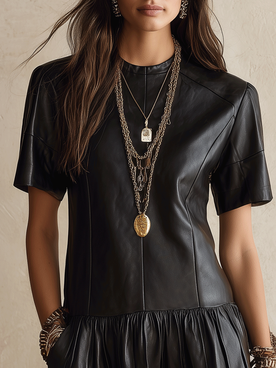 Women's Faux Leather Tiered Ruffle Hem Short Sleeve Mini Dress