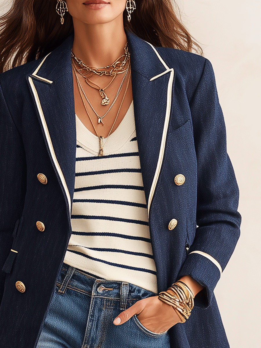 Effortless Chic Linen-Blend Notch-Lapel Gold-Button Navy Tailored Blazer