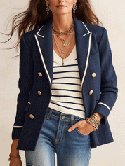 Effortless Chic Linen-Blend Notch-Lapel Gold-Button Navy Tailored Blazer