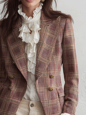 Effortless Chic Textured Tweed Fitted Peaked-Lapel Brown & Pink Plaid Blazer