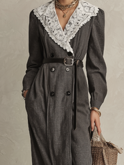 Elegant Charcoal Lace Collar Double-Breasted Maxi Dress