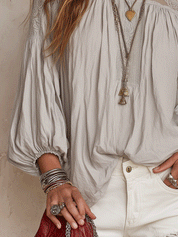 Boho Smocked High Neck Lace Trim Long Sleeve Blouse