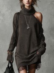 Bohemian Charcoal Gray Off-shoulder Lace Sweater