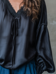 Luxurious Black Lace Trim Satin Blouse