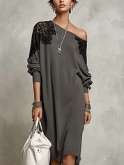 Bohemian Charcoal Gray Lace-trimmed Knit Dress