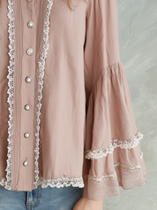 Delicate Blush Lace Trim Ruffle Blouse