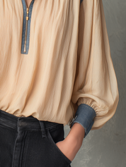 Relaxed Cream Blue Colorblock Half-Zip Blouse