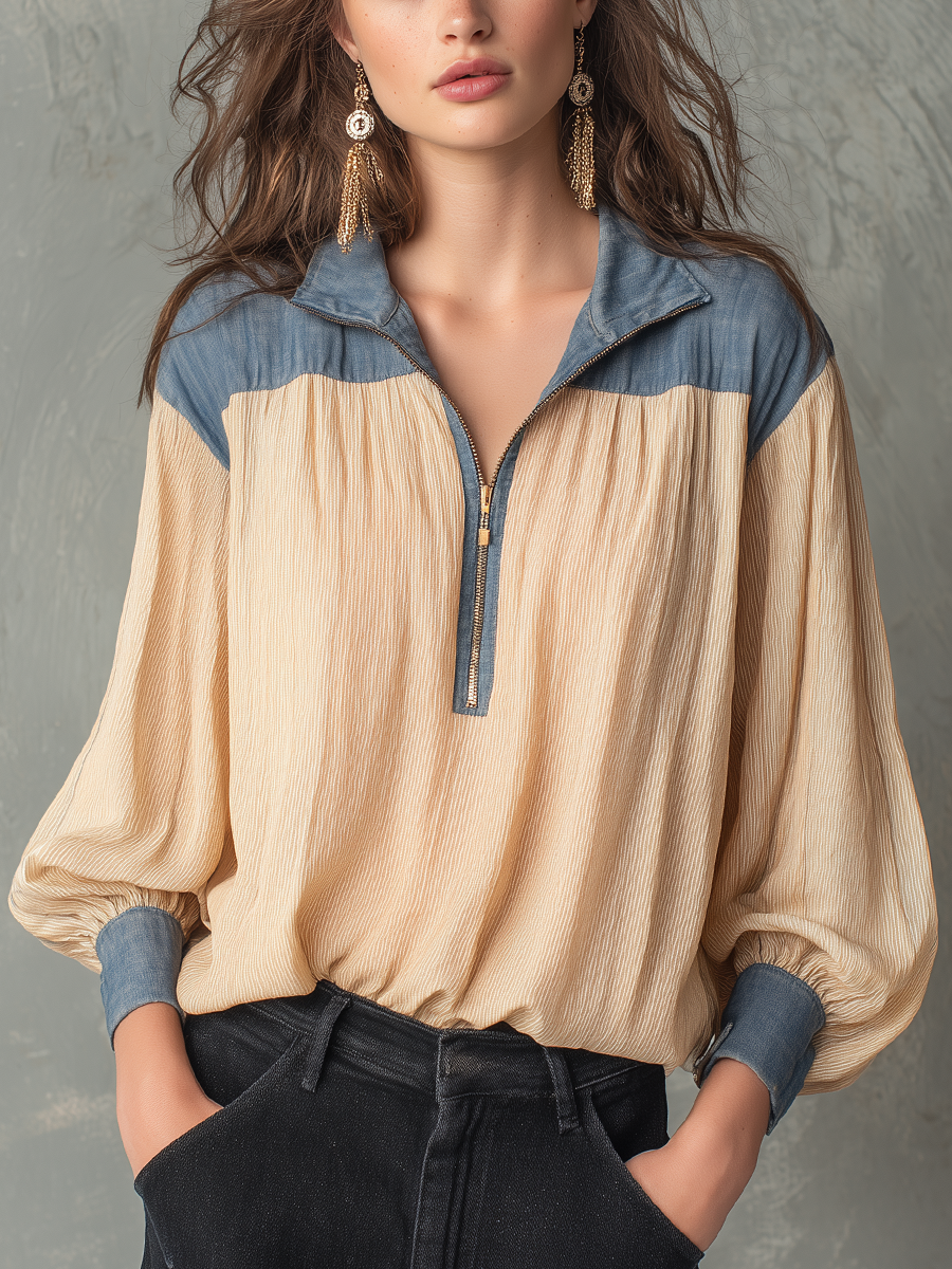 Relaxed Cream Blue Colorblock Half-Zip Blouse