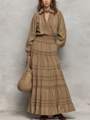 Graceful Khaki Lace Trim Skirt Set