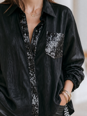 Effortless Evening Shiny Oversized Collared Shirt Top