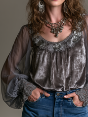 Romantic Vintage Sheer Sleeve Velvet Top