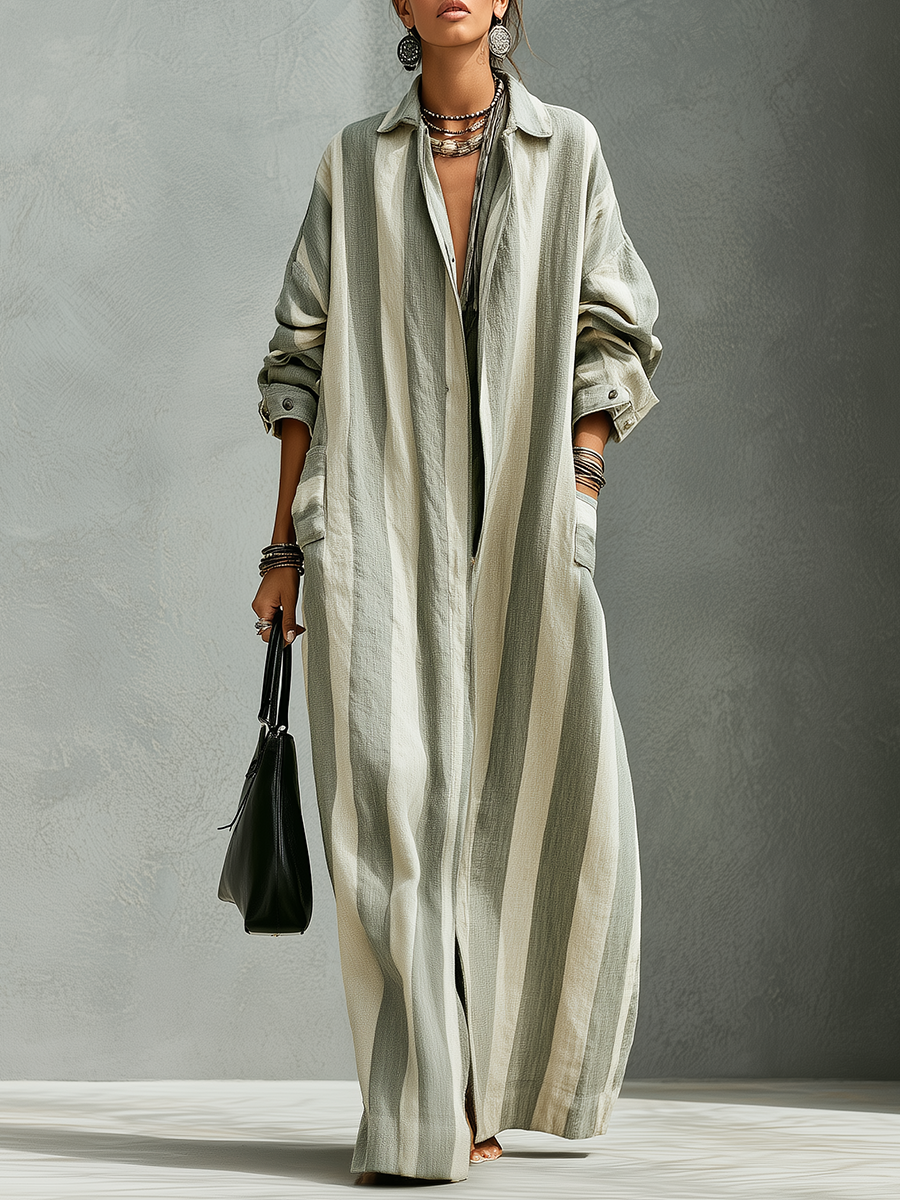 Bohemian Sage Striped Long Trench Coat