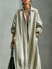 Bohemian Sage Striped Long Trench Coat
