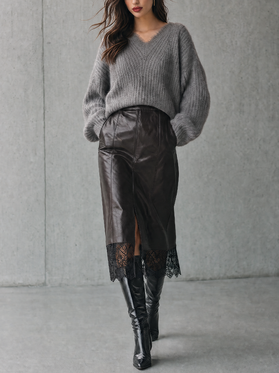 Effortless Chic Slouchy Sweater & Faux Leather Midi Skirt Outfit