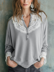 Refined Mist Gray Lace Yoke Blouse