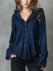 Relaxed Navy Lace Trim Hooded Blouse