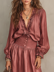 Romantic Rose Ruffle Trim Maxi Dress