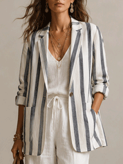 Effortless Linen Blend Oversized Ivory Pinstripe Suit Blazer