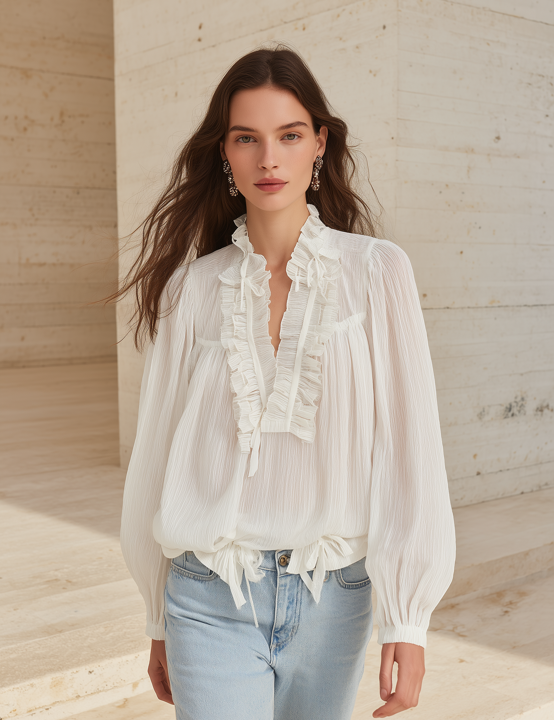 Women's V-Neck Ruffled Trim Lantern Sleeve Blouse with Tie Front